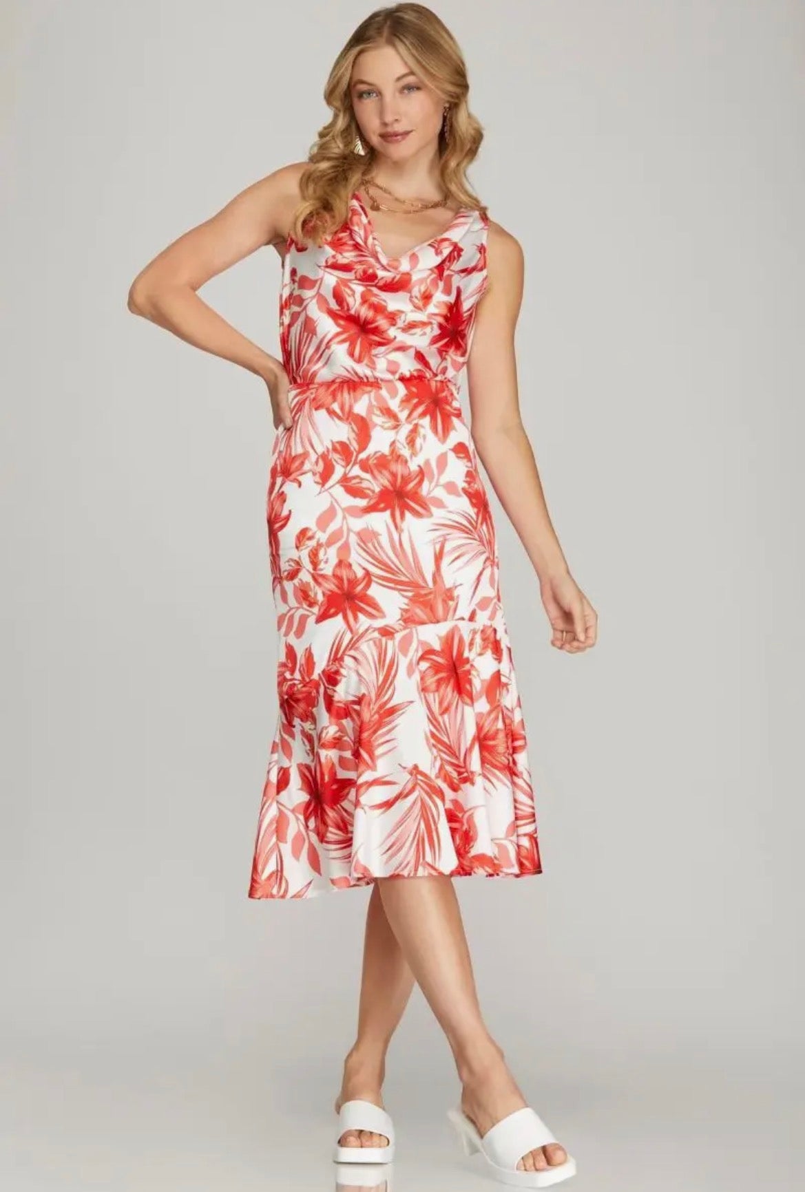 Red Floral Satin Midi Skirt