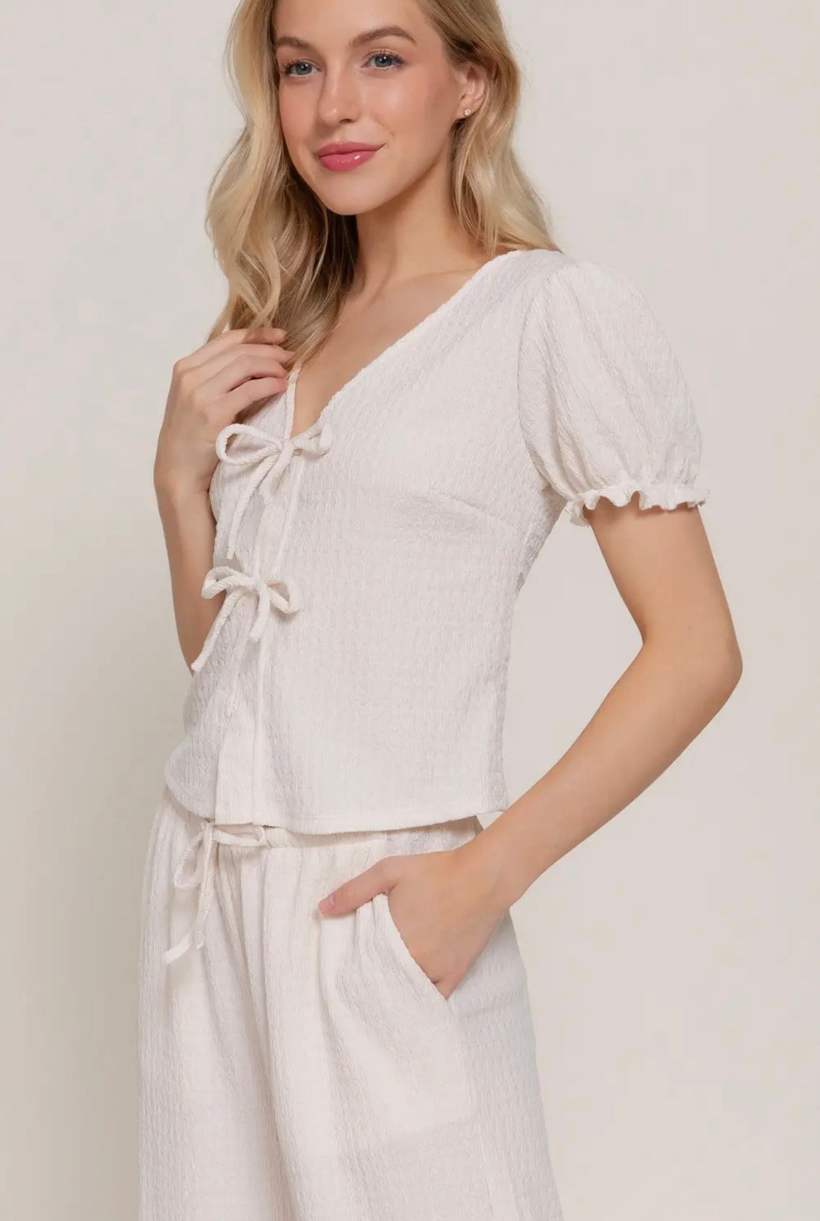 Ivory Bow Knit Top & Pants Set