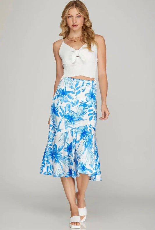 Blue Floral Satin Midi Skirt