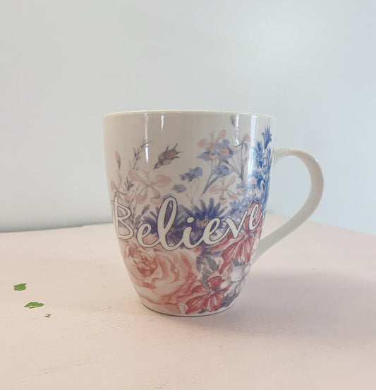 Believe, Pfaltzgraff, Mug, Ceramic, Microwave safe, Dishwasher safe, Coffee, Tea, Hot cocoa, Inspirational, Positive, Script design, Delicate accents, Daily reminder, Hope, Motivational, Beverage, Morning routine, Stylish, Convenience