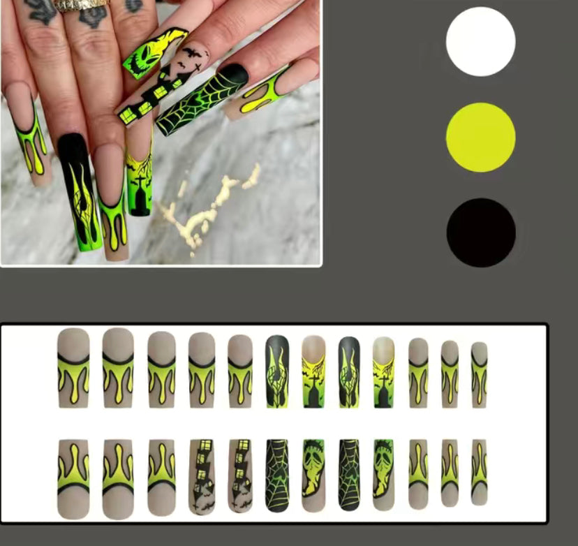 Green Flame Haunted House Nails