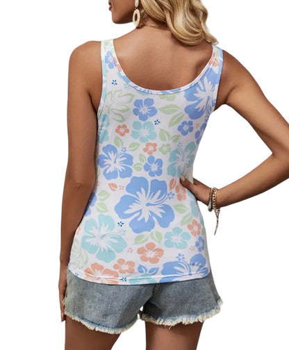 Beach Babe, Tank top, Floral print, Summer, Beachwear, Vacation, Resort, Tropical, Sun-kissed, Casual, Relaxed fit, Flowy silhouette, Lightweight, Breathable, Sunny style, Chic, Fashionable, Women's clothing, Beach vibes, Fun