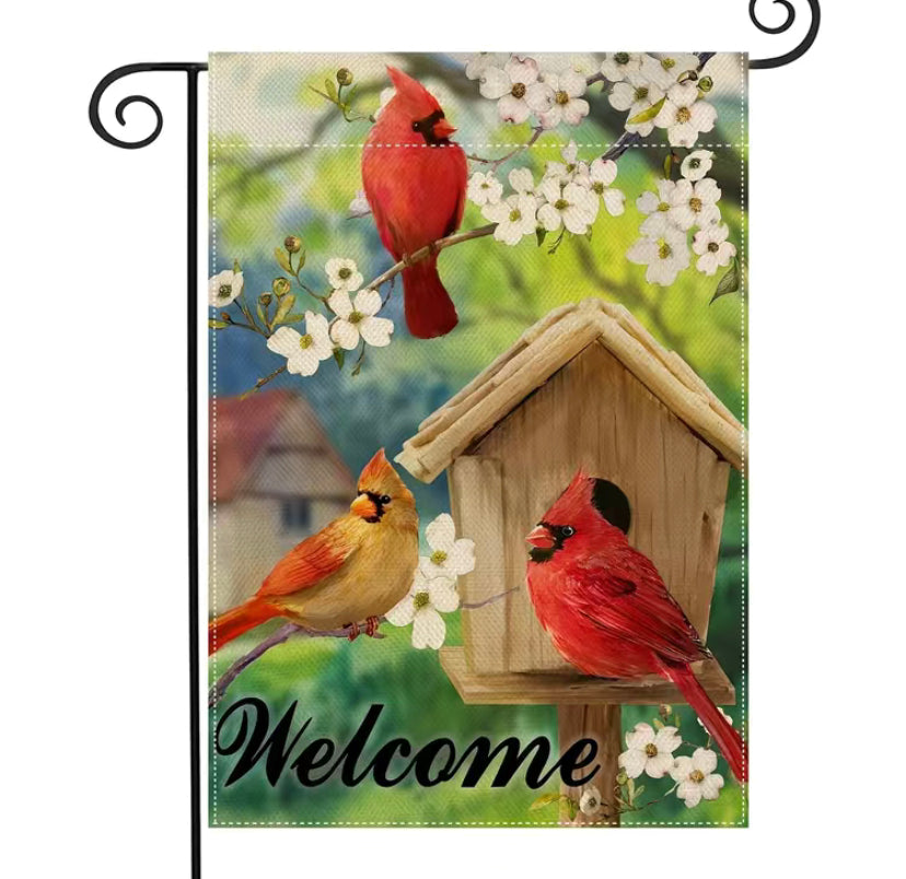 Welcome Birdhouse Cardinals Garden Flag
