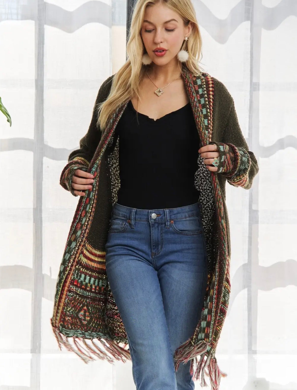 Fringe Hem Cardigan- olive