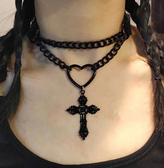 Goth Cross Heart Chain Necklace