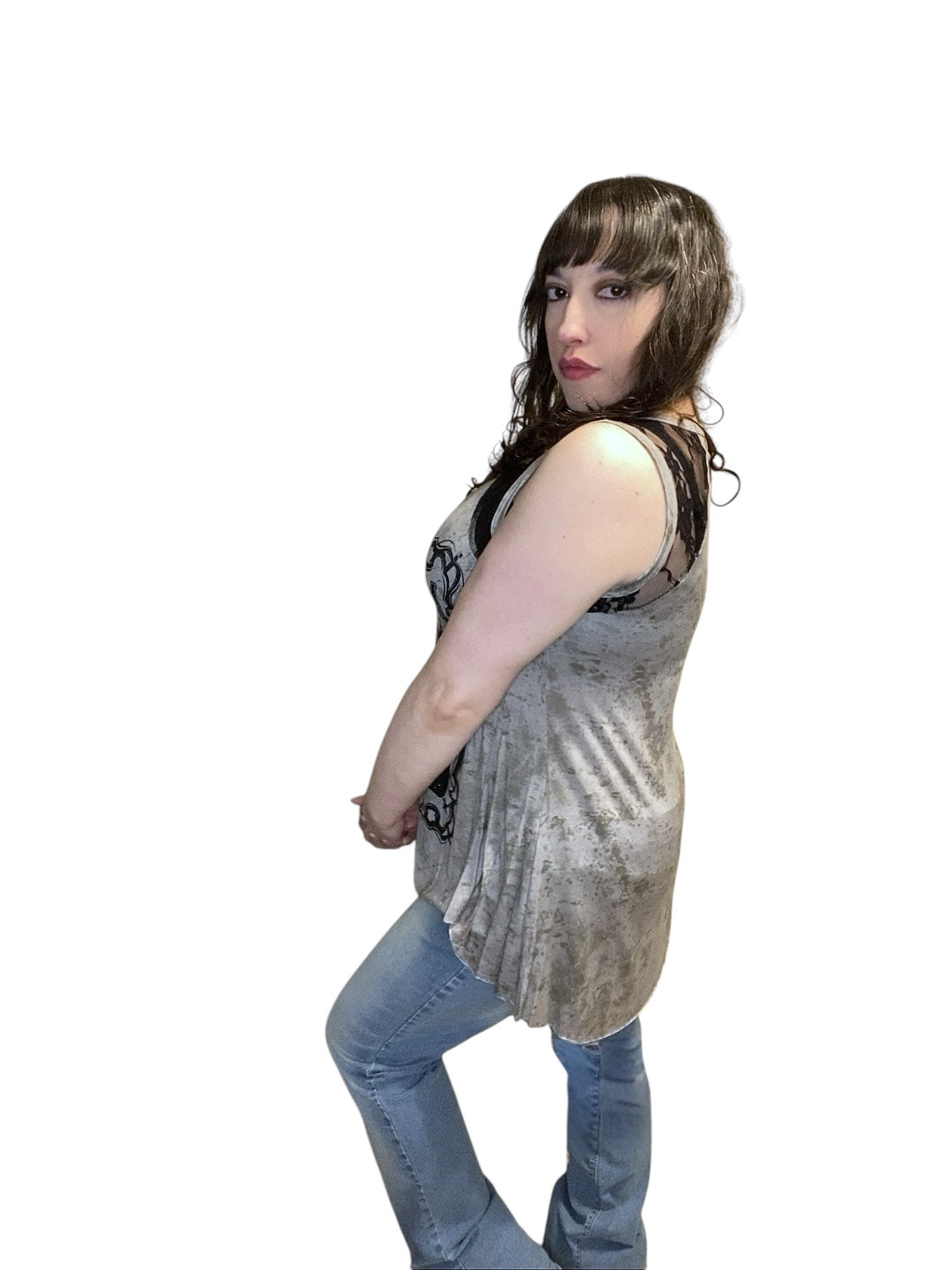 Rhinestone Lace Tank: taupe