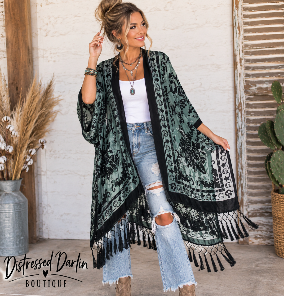 Burnout Velvet Kimono- Dark Green