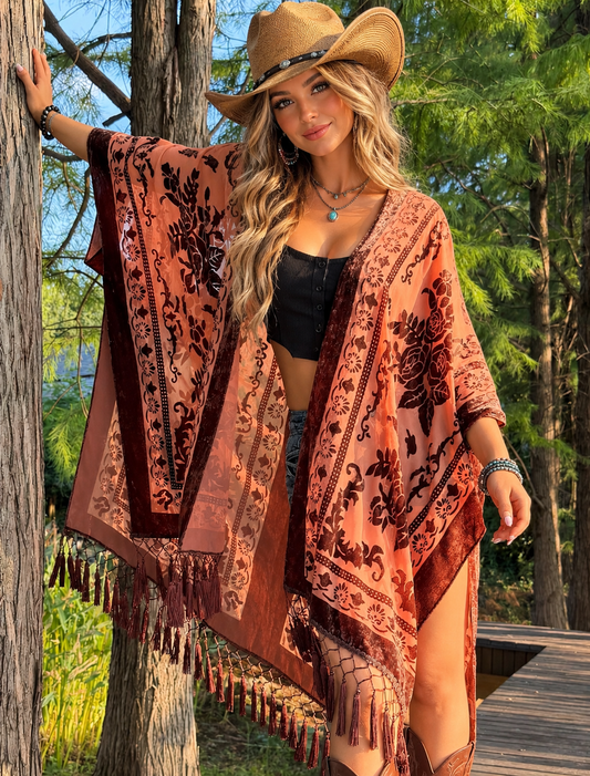 Burnout Velvet Kimono- Rouge