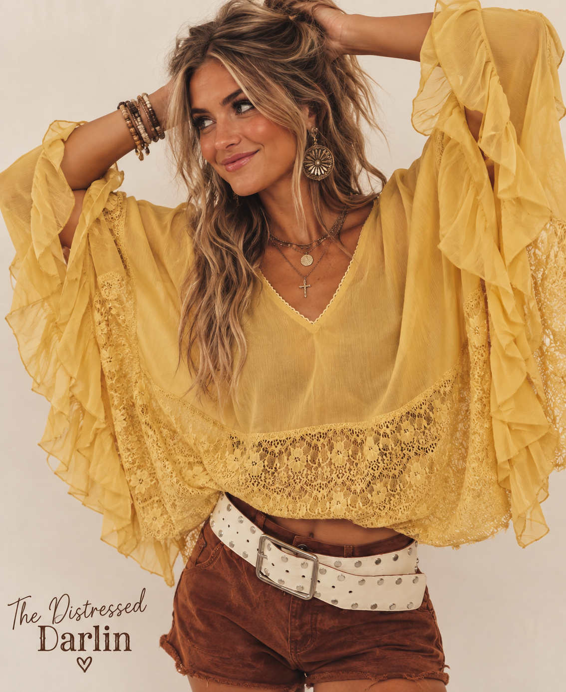 Yellow Lace Ruffle Boho Blouse