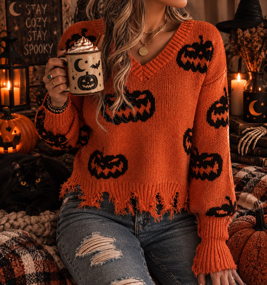 This is Halloween! Pumpkin Fray Sweater