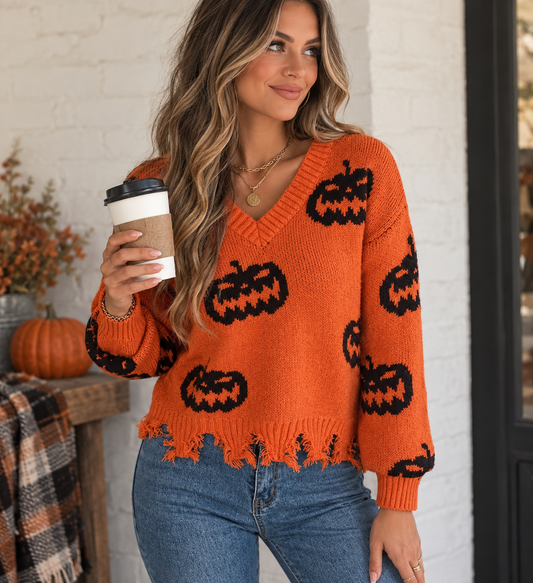 This is Halloween! Pumpkin Fray Sweater