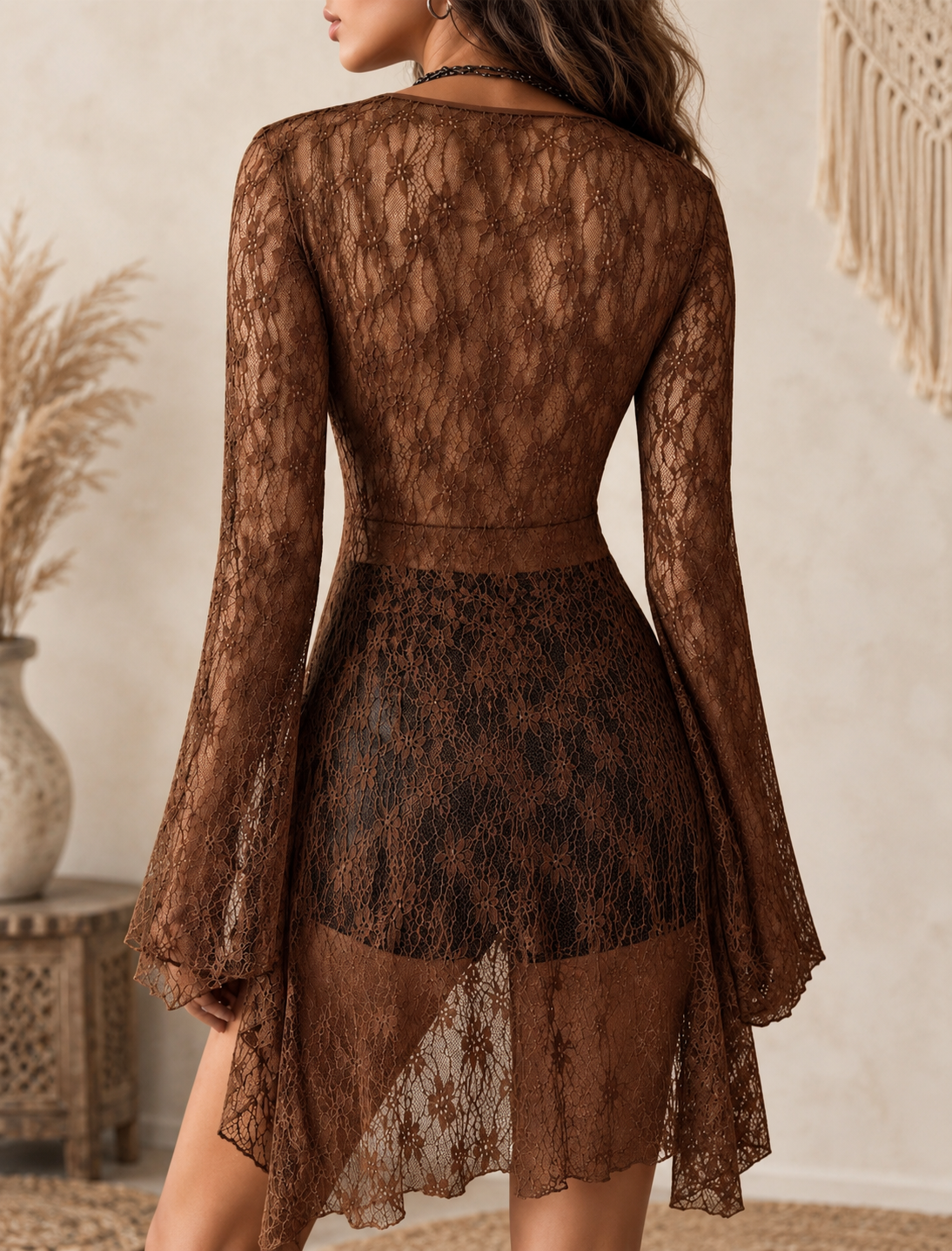 Boho Brown Lace Sheer Cover-Up