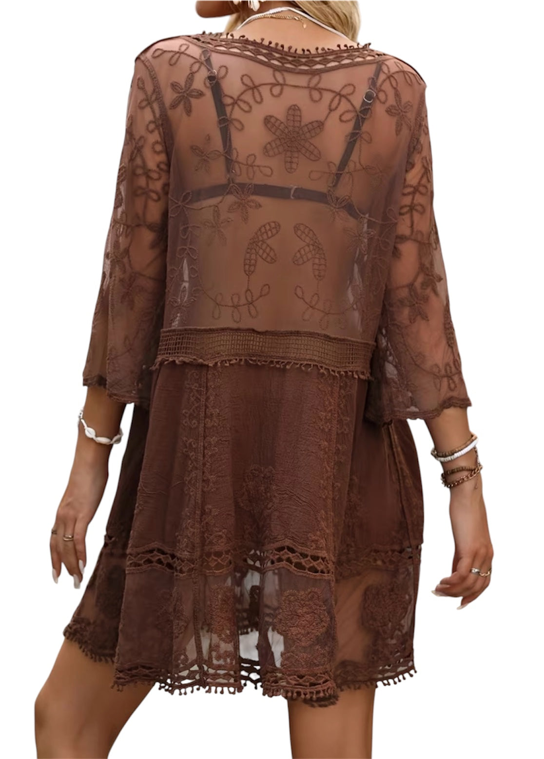 Boho Sheer Lace Mini Dress Cover Up- Brown