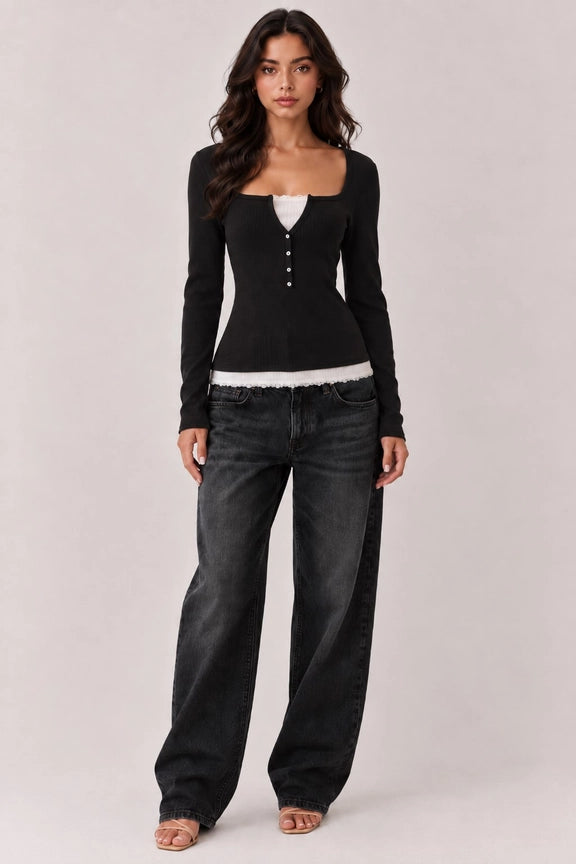 Button Front Layered Long Sleeve