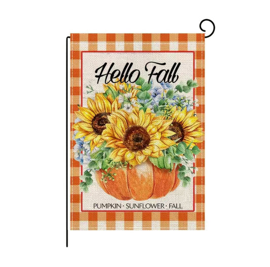 Hello fall orange plaid garden flag