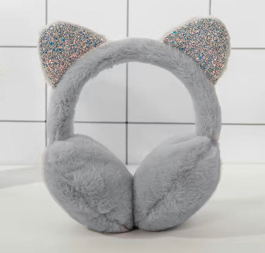 Sequin Cat Ears Earmuffs Gray