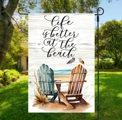 Beach, Garden flag, Coastal, Outdoor decor, Seaside, Weather-resistant, Serene, Vibrant colors, Double-sided, Summer, Ocean, Relaxation, Yard, Tranquil, Seashore, Nautical, Decorative, Landscape, Beach vibes, Coastal living