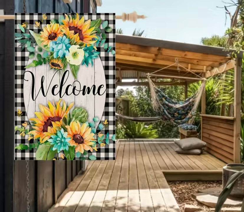 Welcome Flowers Bouquet plaid garden flag