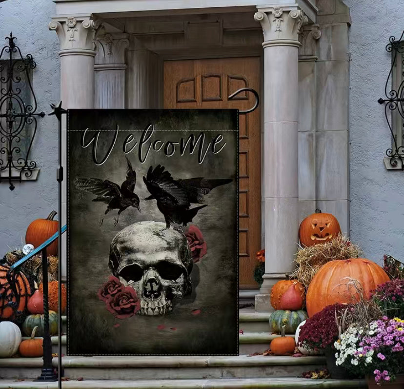 Halloween skull, roses, and crows garden flag