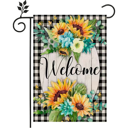 Welcome Flowers Bouquet plaid garden flag