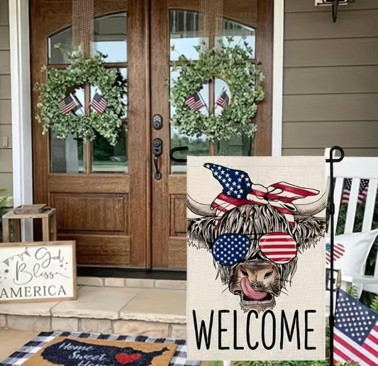 Welcome Bull America USA garden flag
