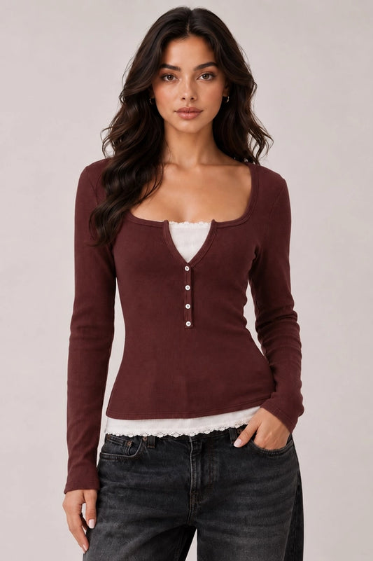 Button Front Layered Long Sleeve