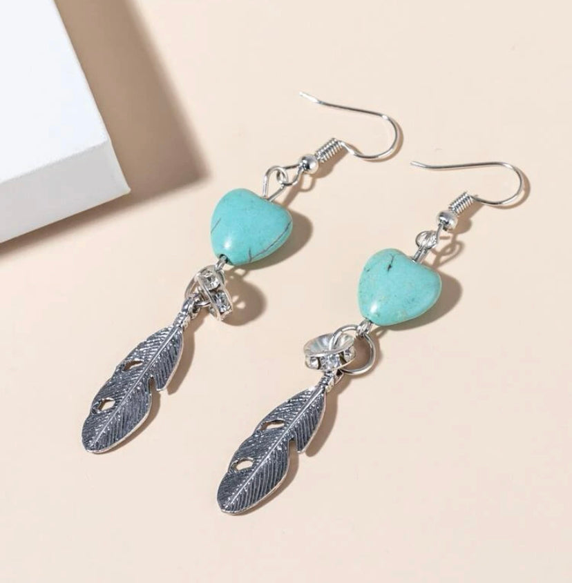 Feather Turquoise heart earrings