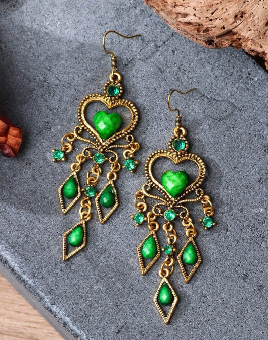Green heart dangle earrings