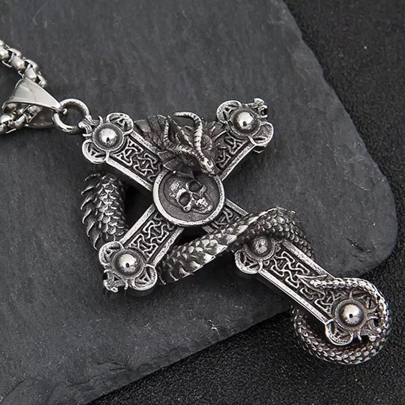 Dragon Skull Cross Pendant Necklace